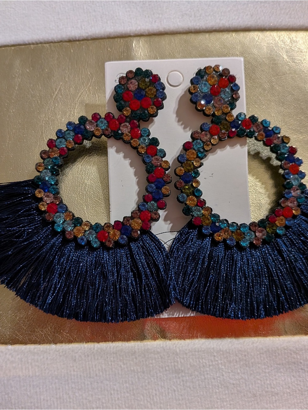 Multicolor Crystal Hoop Tassel Earrings - Navy